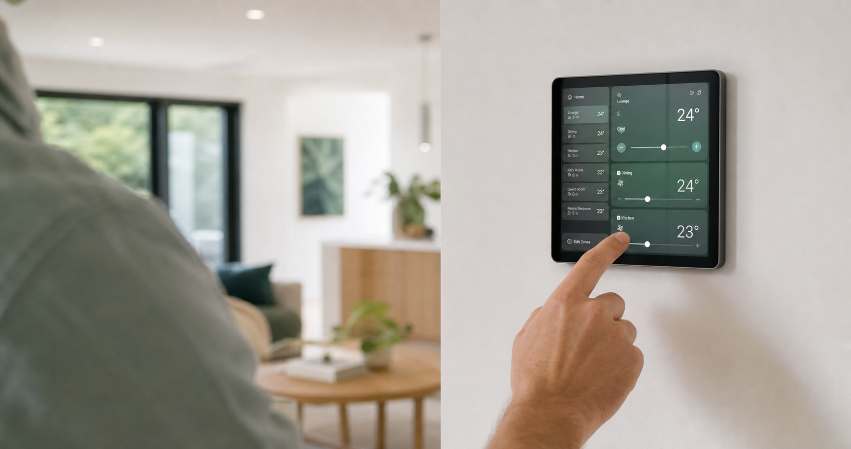 Homeowner using a wall-mounted AirTouch-style smart controller to adjust air-conditioning zones