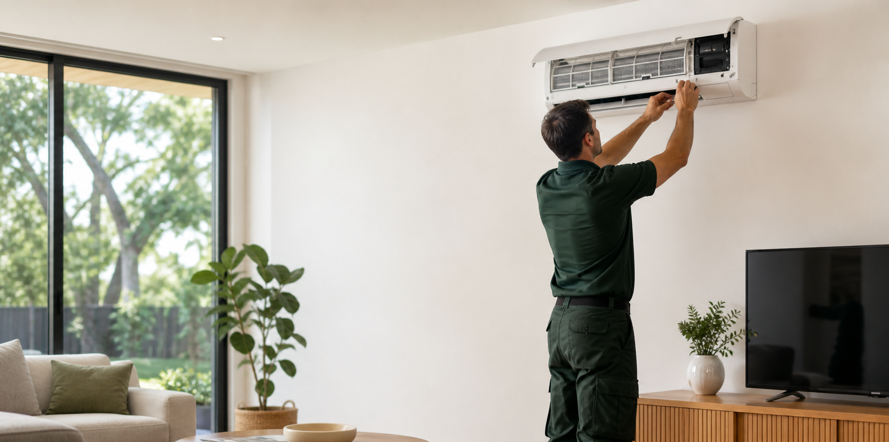 SureTemp HVAC technician servicing a wall-mounted split-system air conditioner in a modern Western Sydney home